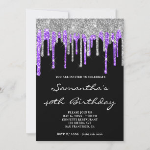 Silver Blue Violet Glitter Drips Black Birthday Invitation