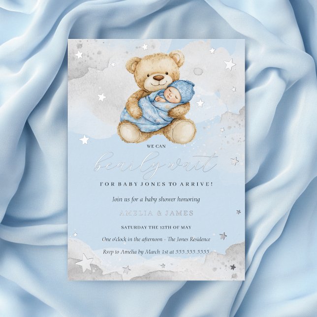 Silver Blue We Can Bearly Wait Baby Shower Foil Invitation (Creator Uploaded)
