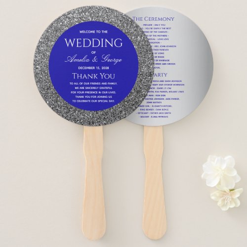 Silver Blue Wedding Program Hand Fan