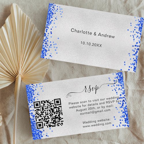 Silver blue wedding response website QR code RSVP Enclosure Card