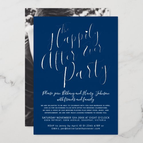 Silver blue white happily ever after wedding party foil invitation