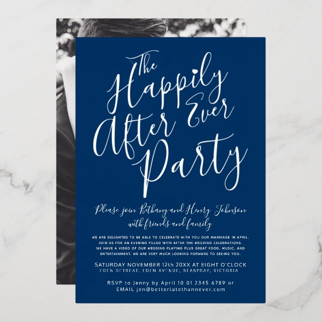 Silver blue white happily ever after wedding party foil invitation (Front/Back)