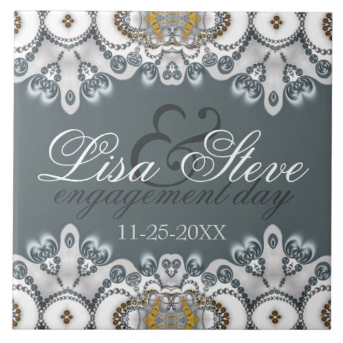 Silver Blue  White Lacy Engagement Keepsake Gift  Ceramic Tile