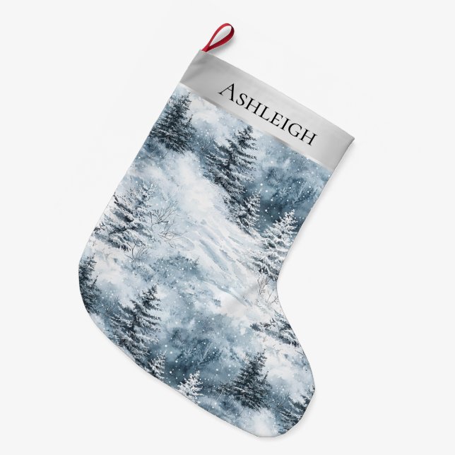 Silver Blue White Snow Trees Christmas   Large Christmas Stocking (Front (Hanging))