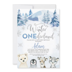 Silver Blue Winter Animals Onederland 1st Birthday Invitation