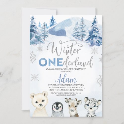 Silver Blue Winter Animals Onederland 1st Birthday Invitation