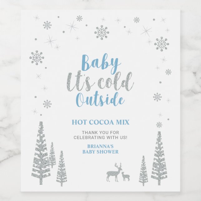 Silver & Blue Winter Baby Shower Favor Drink Mix Wine Label (Single Label)
