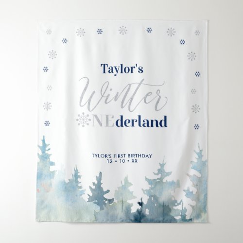 Silver  Blue Winter onderland 1st Birthday Tapest Tapestry