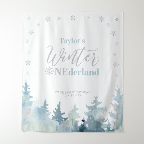 Silver  Blue Winter onderland 1st Birthday Tapestry