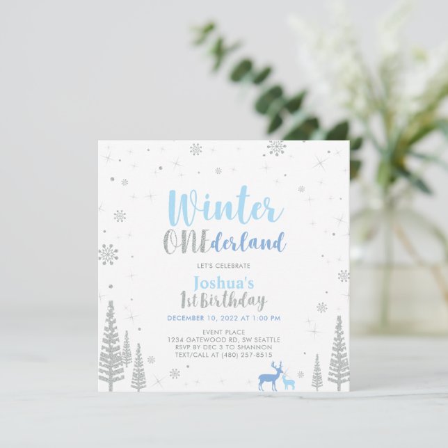 Silver & Blue Winter Onederland 1st First Birthday Invitation (Standing Front)