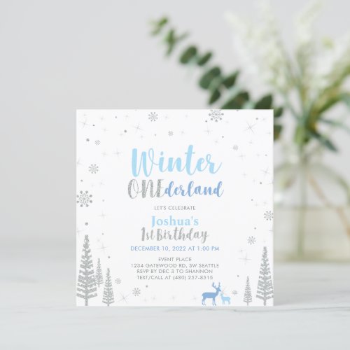 Silver  Blue Winter Onederland 1st First Birthday Invitation