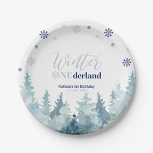 Silver & Blue Winter Onederland Snow 1st Birthday  Paper Plates