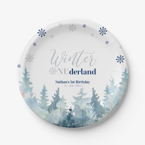 Silver  Blue Winter Onederland Snow 1st Birthday  Paper Plates
