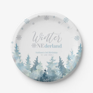 Silver & Blue Winter Onederland Snow 1st Birthday Paper Plates