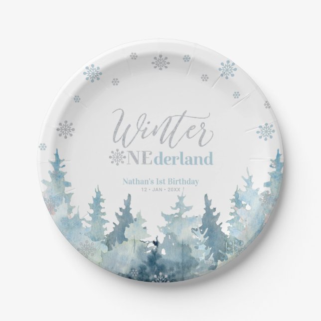 Silver & Blue Winter Onederland Snow 1st Birthday Paper Plates (Front)