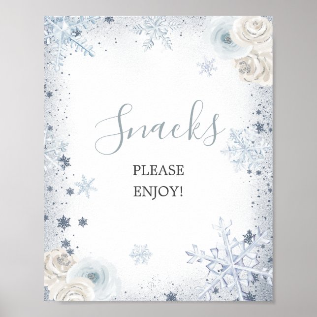 Silver Blue Winter Snowflake Bridal Shower Snacks Poster (Front)
