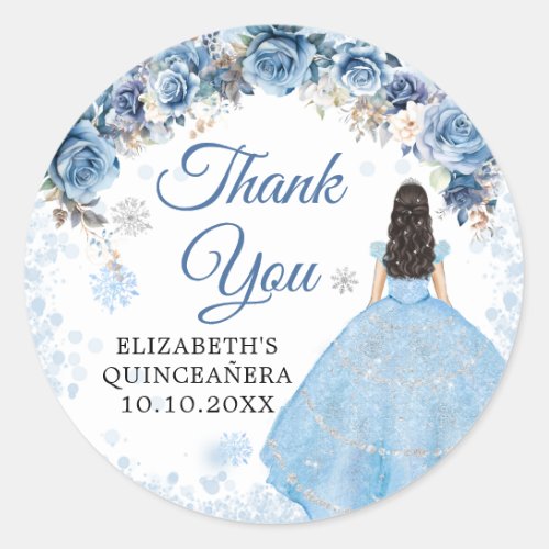 Silver Blue Winter Snowflake Mis Quince Thank You Classic Round Sticker