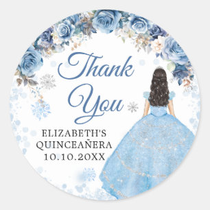 Silver Blue Winter Snowflake Mis Quince Thank You Classic Round Sticker