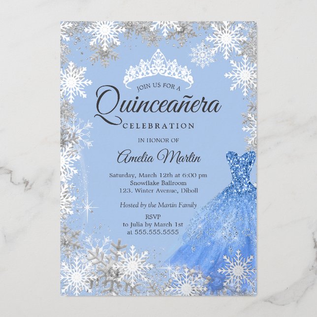 Silver Blue Winter Snowflake Quinceanera Foil Invitation (Front)