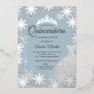 Silver Blue Winter Snowflake Quinceanera Foil Invitation