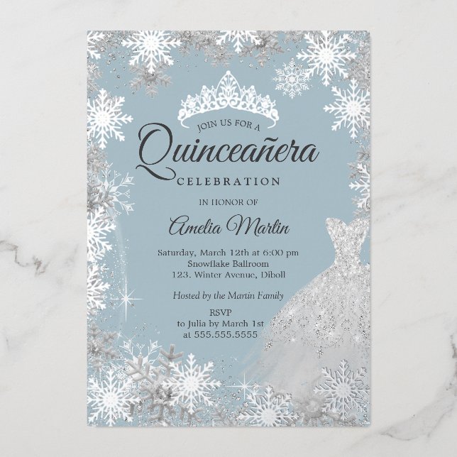 Silver Blue Winter Snowflake Quinceanera Foil Invitation (Front)