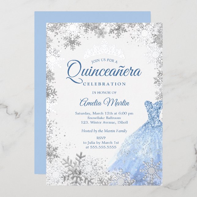 Silver Blue Winter Snowflake Quinceanera Foil Invitation (Front/Back)