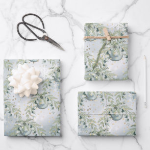 Silver Blue Winter Spruce Eucalyptus Holiday Posy Wrapping Paper Sheets