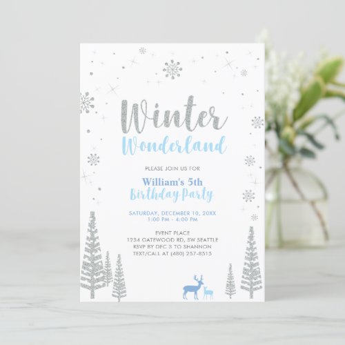Silver  Blue Winter Wonderland Boy Birthday Invitation