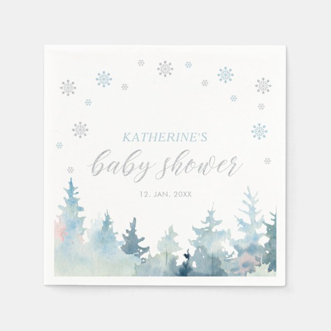 Silver & Blue Winter Wonderland Snow Baby Shower Napkins (Front)