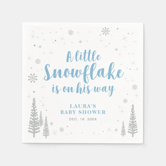 Silver & Blue Winter Wonderland Snow Baby Shower Napkins (Front)