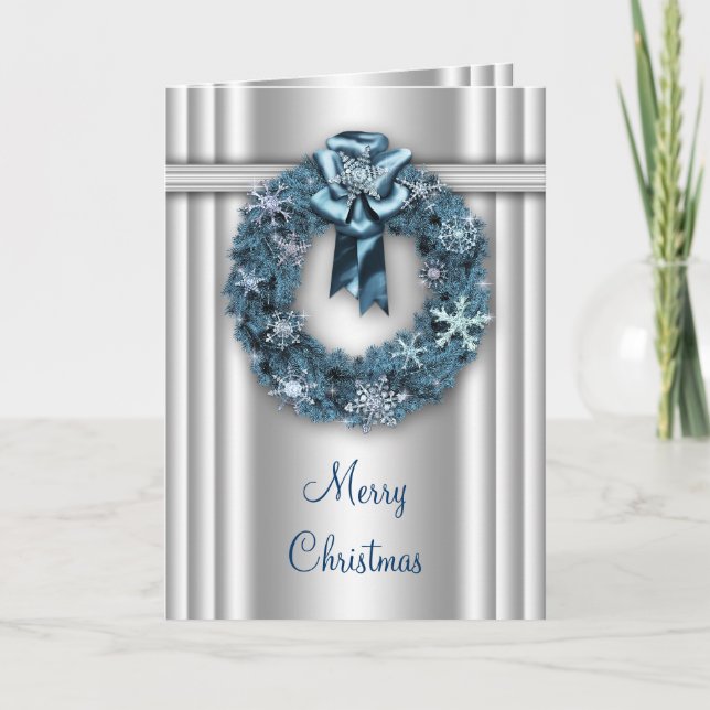 Silver Blue Wreath Corporate Christmas Holiday Card (Front)