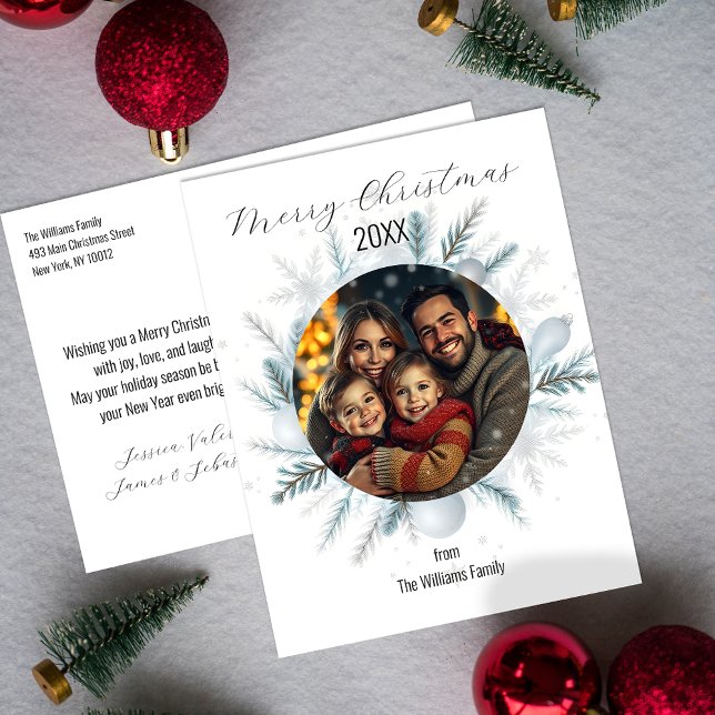 Silver Blue Wreath Family Photo Christmas Holiday Postcard (Creator Uploaded)