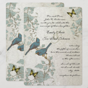 Silver Blue Yellow Butterflies & Birds Wedding Invitation