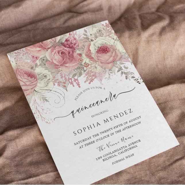 Silver & Blush Enchanted Floral Quinceanera Party  Invitation