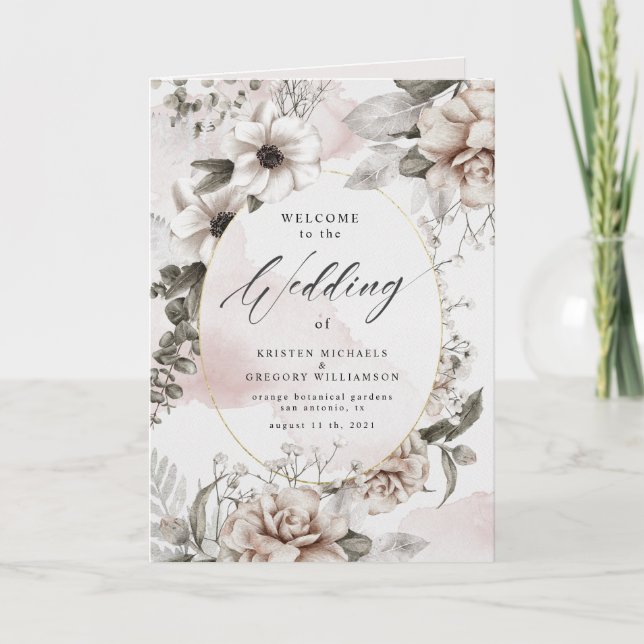 silver blush floral elegant wedding program (Front)