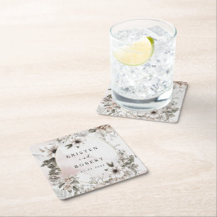 Silver Blush Floral Wedding Square Paper Coaster