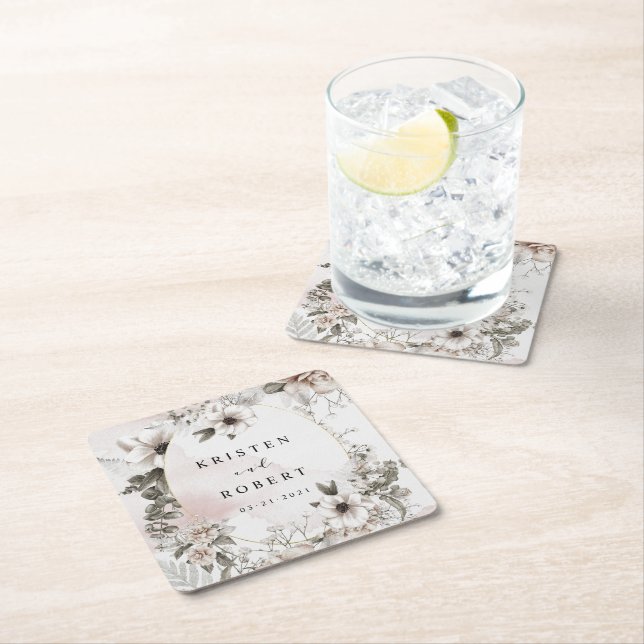 silver blush floral wedding square paper coaster (Insitu)