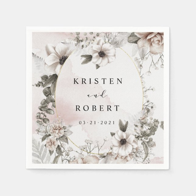 silver blush floral wedding square paper  napkins (Front)