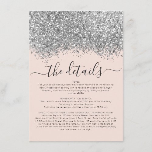 Silver Blush Glitter Confetti Wedding Details Enclosure Card