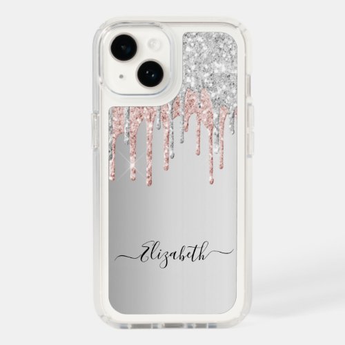 Silver blush glitter drips sparkle monogram speck iPhone 14 case