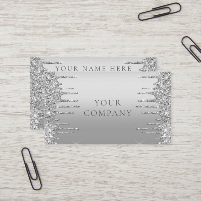 Silver Blush Glitter Sparkle Drips Modern Company Business Card (Front/Back In Situ)