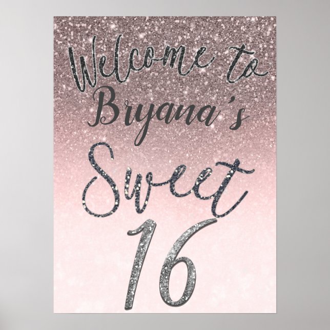 Silver & Blush Glitter Welcome Sweet 16 Party Sign (Front)