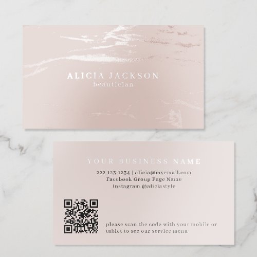 Silver blush minimalist elegant feminine QR code Foil Spot Gloss Business Cards