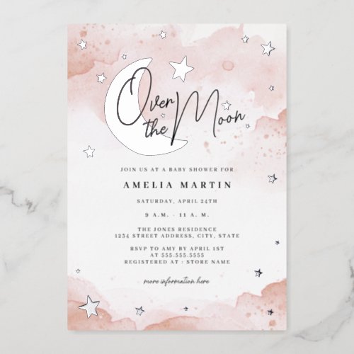Silver Blush Over the Moon Baby Shower Foil Invitation