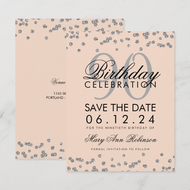 Silver Blush Pink 90th Birthday Save Date Confetti Invitation (Front/Back)