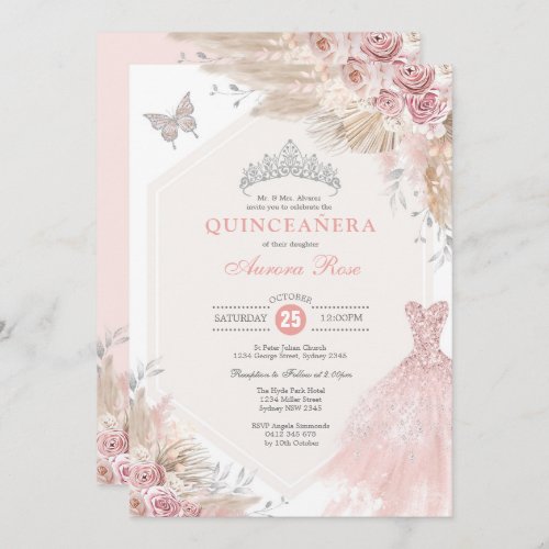 Silver Blush Pink Boho Floral Quinceaera Birthday Invitation