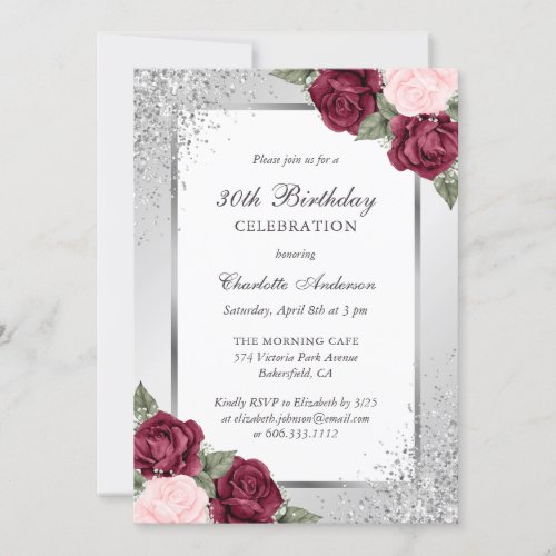 Silver Blush Pink Burgundy Floral 30th Birthday Invitation