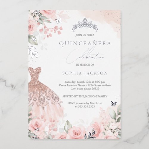 Silver Blush Pink Dress Floral Quinceanera  Foil Invitation