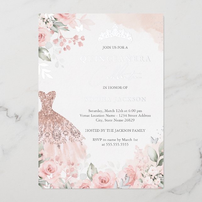 Silver Blush Pink Dress Floral Quinceanera  Foil Invitation (Front)