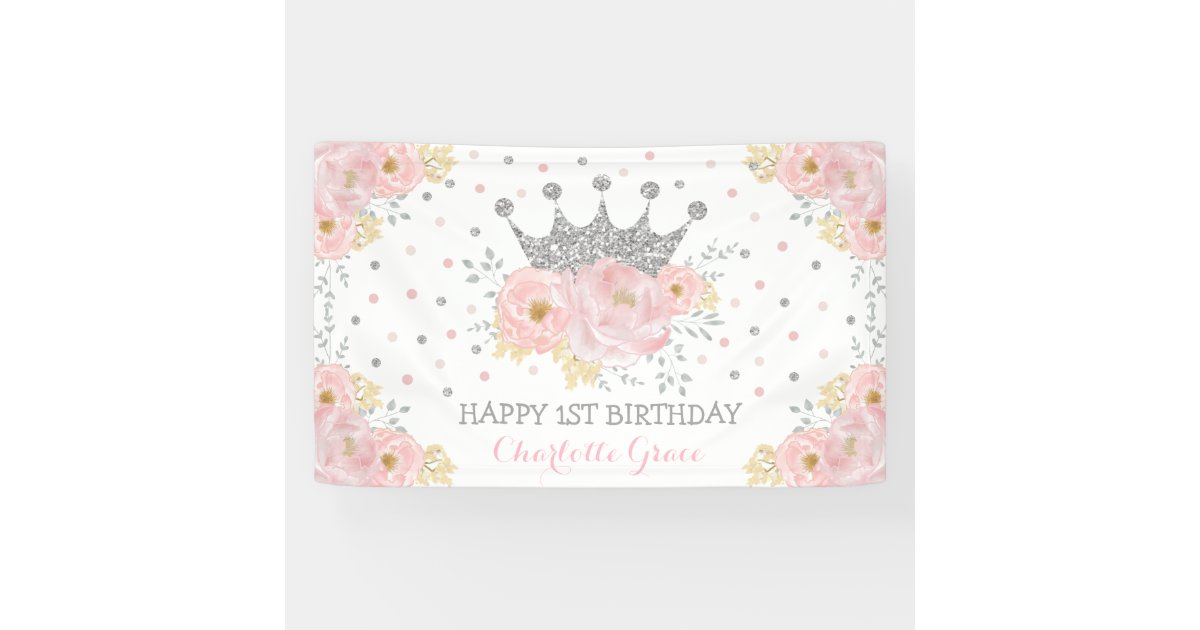 Silver Blush Pink Floral Crown Princess Birthday Banner | Zazzle